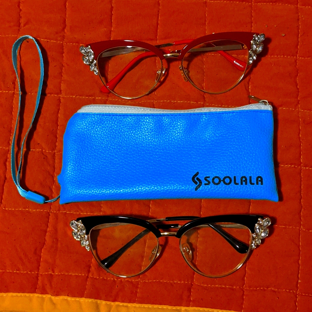 Soolala Women's Cat Eye Reading Glasses With Clear Gemstones - Lot of Two - 1.0x